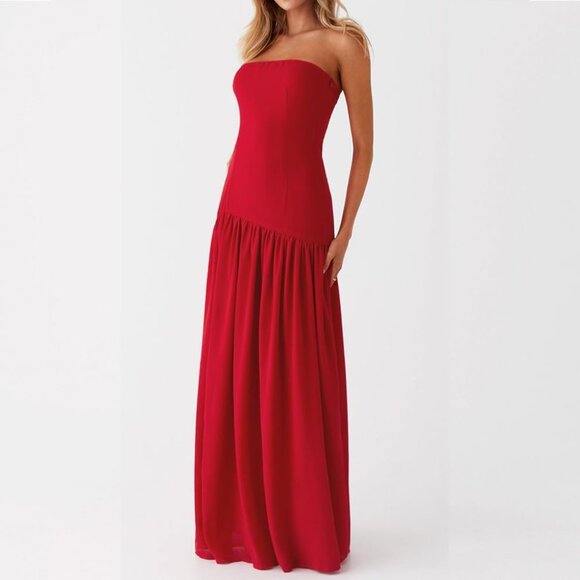 Women Strapless Tube Top Tiger Stripe Red Maxi Dress Sexy High Slit Party Dress - Picture 3 of 6